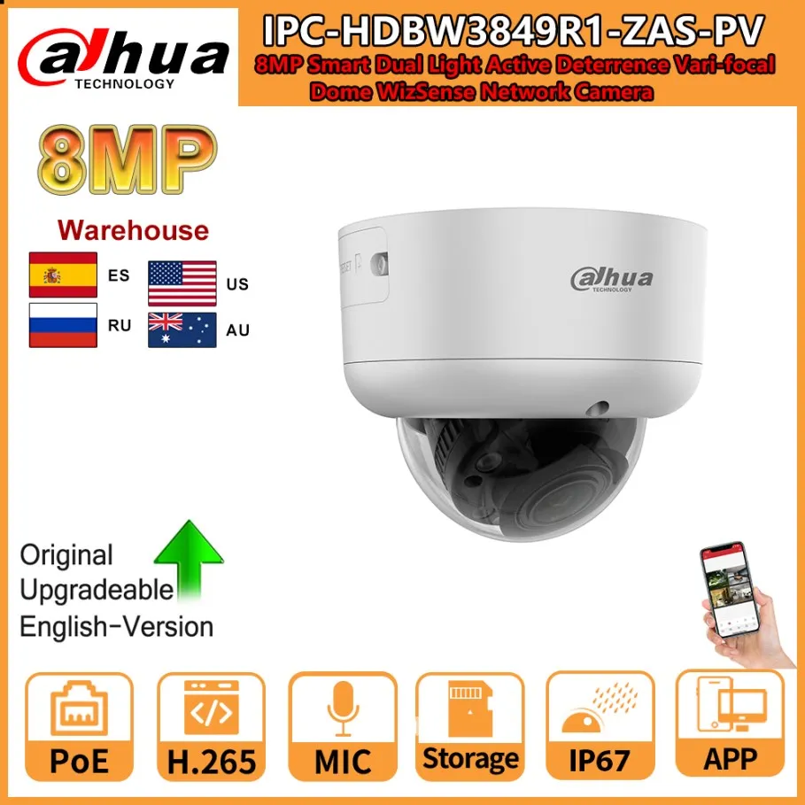 

Dahua 8MP IP Camera IPC-HDBW3849R1-ZAS-PV IR POE Smart Dual Light 5X Motorized Zoom Dome WizSense Network Camera Built in MIC