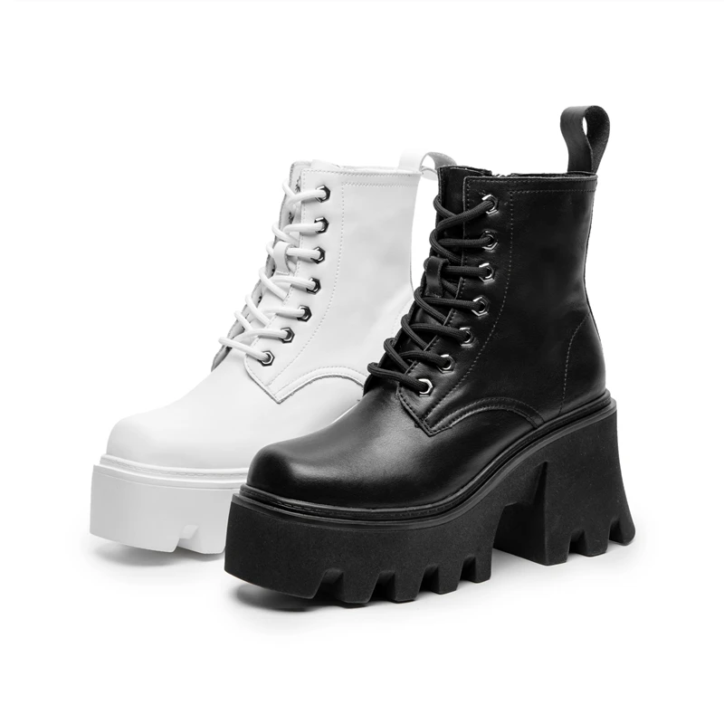 Botas femininas de salto alto tamanho grande cabeça quadrada couro genuíno botas de tornozelo plataforma estilo britânico pele botas de inverno