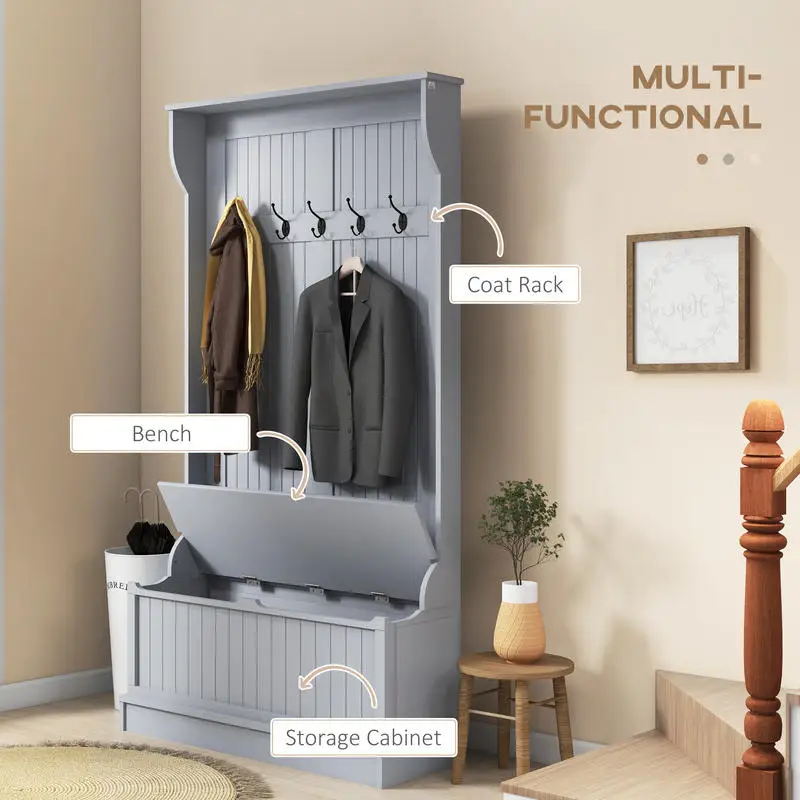 

HOMCOM 3-In-1 Entryway Bench with Coat Rack, Hall Tree with Bench and Shoe Storage, 5 Hooks for Hallway