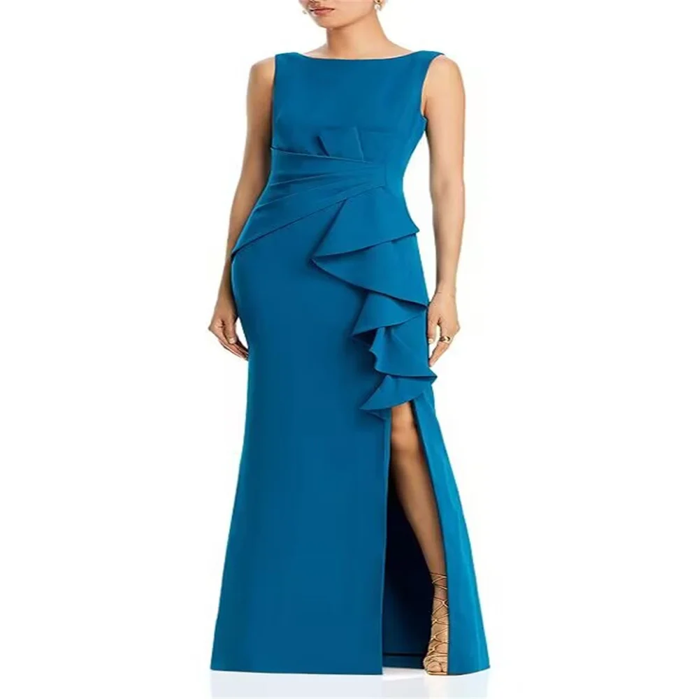 

Motrher of The Bride Dress Groom's Mom Wedding Party Dresses Sleeveless Boat Neck Floor Length A Line Guest Gown Front Split