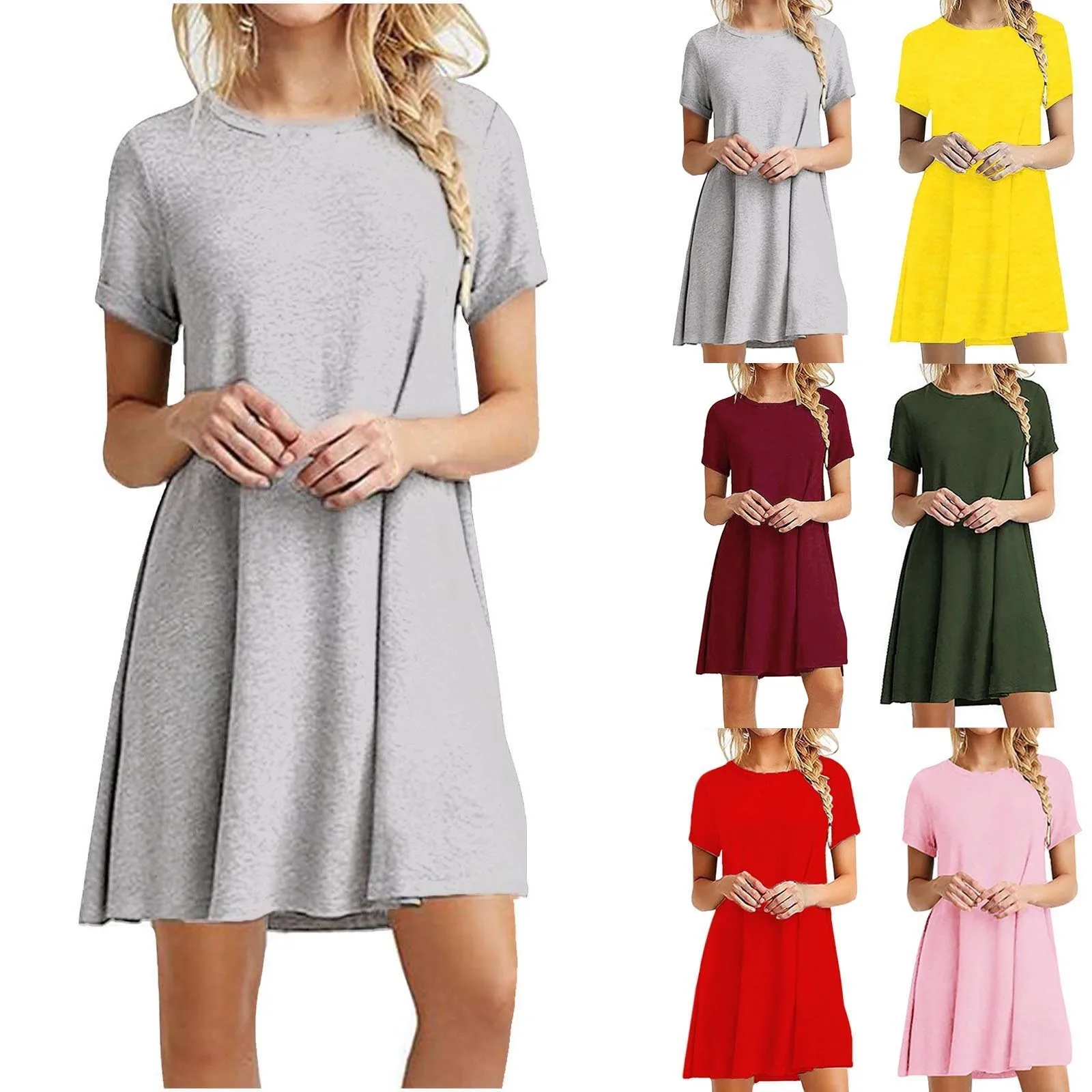 

Women's Dresses Short Sleeve Dating Beach Casual Loose Solid Color Simple Style Loose Round Neck Sexy Slim Fit Dress Vestidos