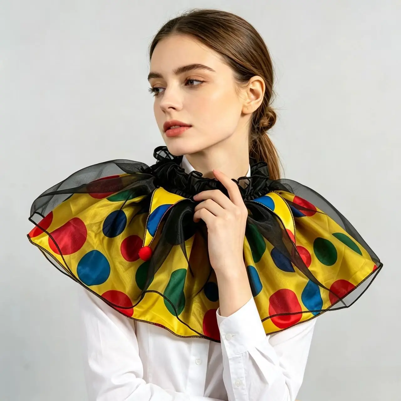 

Circus clown dress up, mesh fake collar, colorful polka dots to exaggerate stage performance
