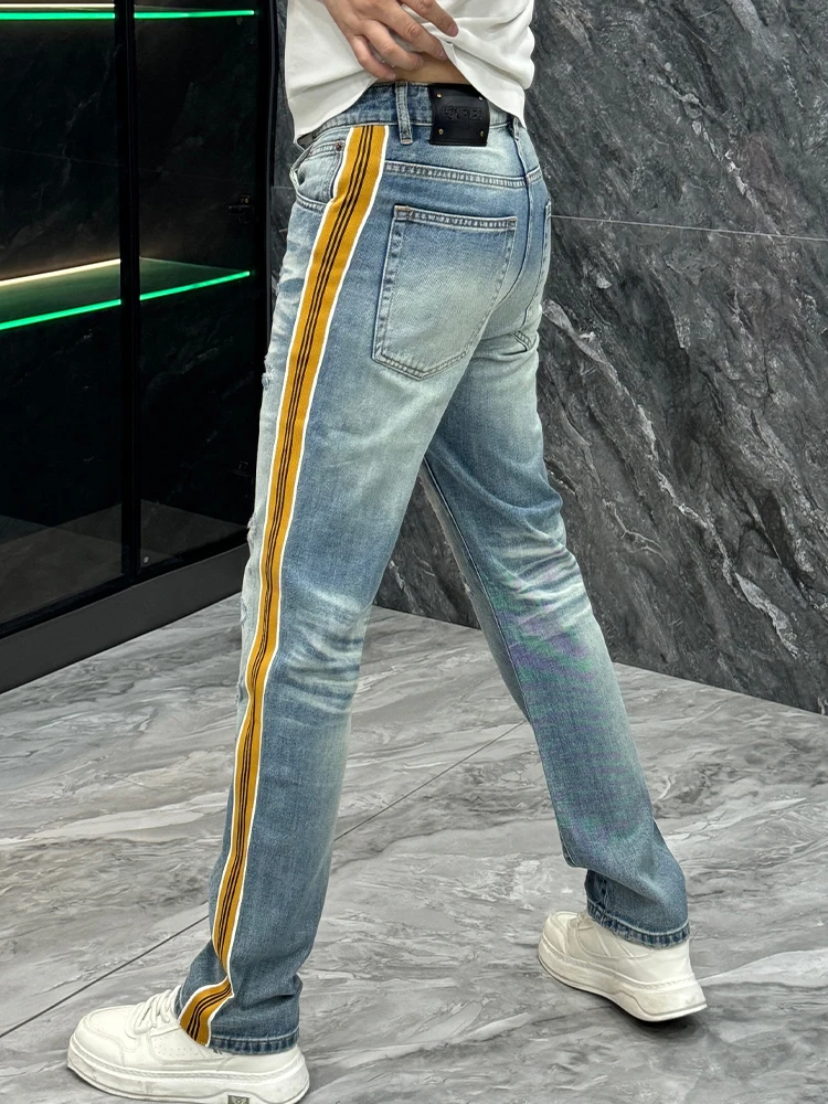 

Washed Jeans Men's Summer Thin Side Stripe Splicing Straight Leg Loose Casual Jeans High Street Hole Ripped Denim Pants