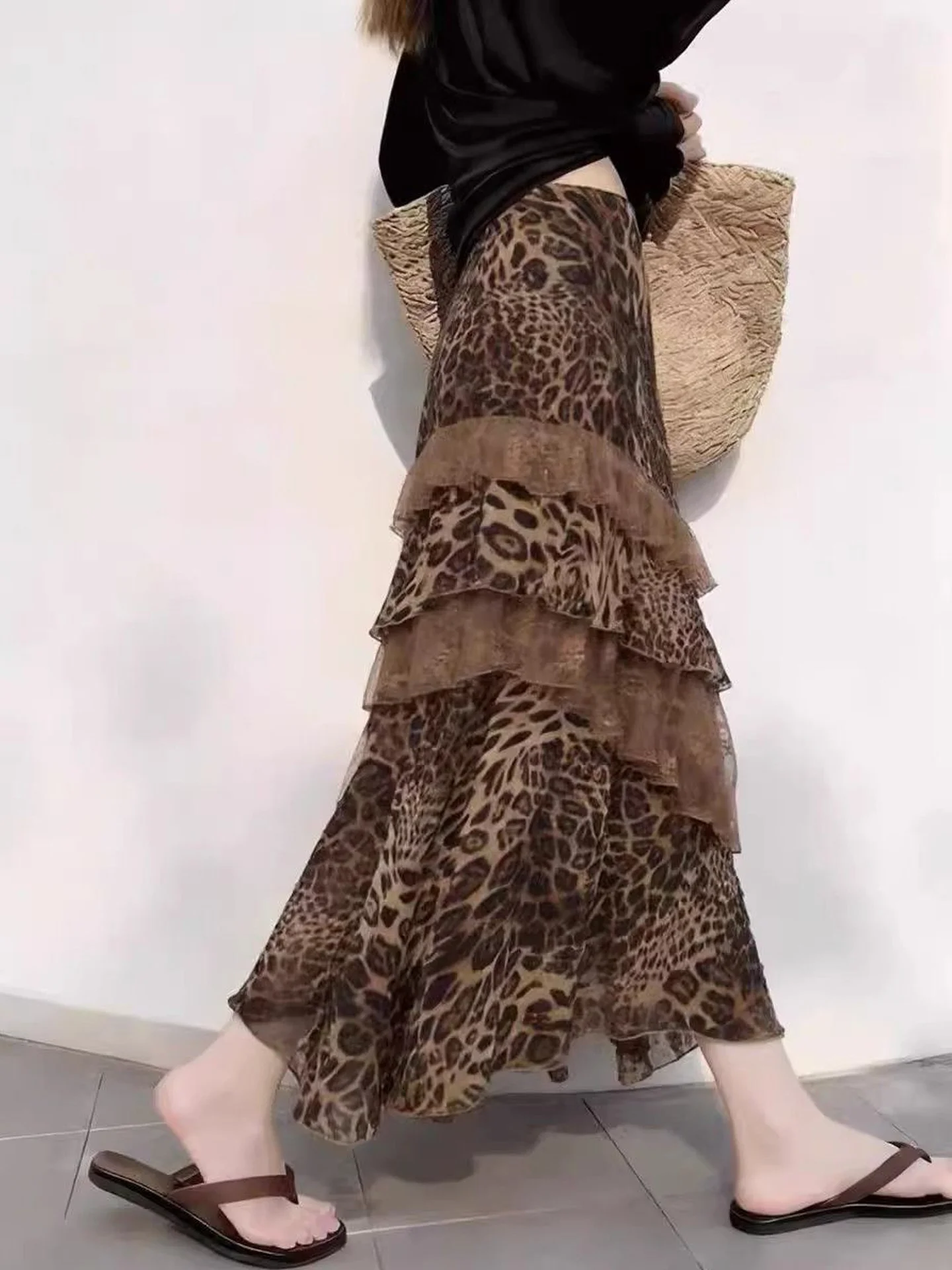 Retro Brown Leopard Print Chiffon Halter Neck  Dress Women's New Autumn Irregular Lace Trim Splicing Cake Skirt