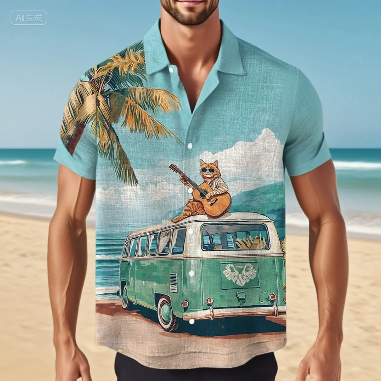 

Men's Linen Shirt Short Sleeve Cat Pattern Beach Breathable Fashionable Casual Top for Summer