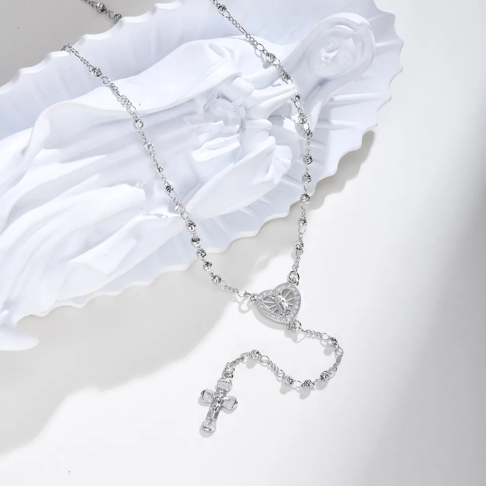 Zirconia Heart Virgin Mary Rosary Bead Cross Necklace for Women