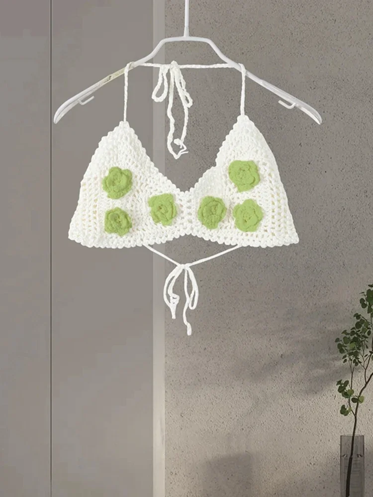 3d flor malha praia outfits feminino sexy sem costas oco para fora conjuntos de biquinis feminino 2025 primavera verão férias conjunto 2 peças senhora