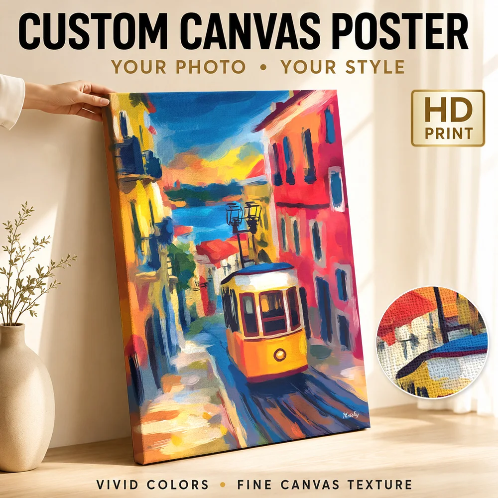 Lisbon Fauvist Cityscape – Colorful Alfama Skyline Framed Canvas Poster Custom Travel Landscape Canvas Wall Art for Hotel Decor