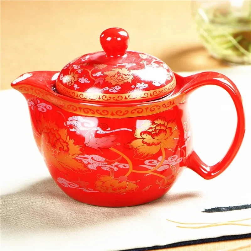 Special Sale with Filter Red Wedding Gift China Grab Teapot Set Handle Ceramic Ceramic 401-500ml Tea Pot Strainer