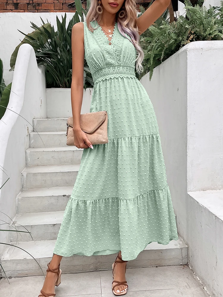 Elegant Lace Stitching Long Dress Women Summer Sexy Backless Sleeveless Ruffle Beach Dress Fashion V Neck New In Dresses 223