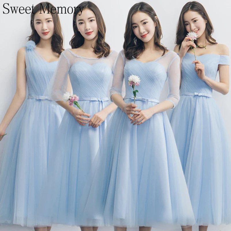 

J161 Blue Bridesmaid Dresses Tulle Half Sleeve Illusion Lace Up Graduation Gown Birthday Tea-Length Wedding Party Dress Woman