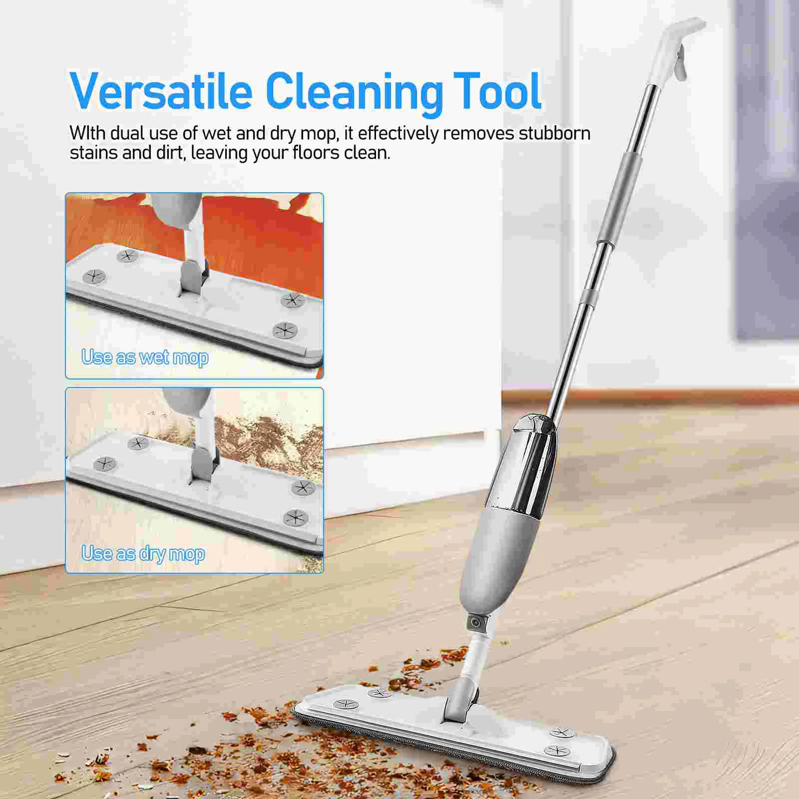 With Replacement Pads Flat For Cleaning Wet Mop Microfiber Spray  Dry Wet Floor Mop Refillable Rotatable Spray Mop