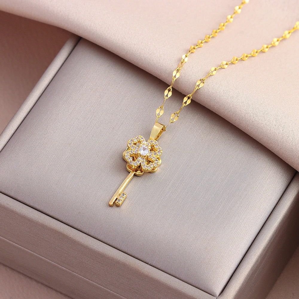 New In Sweet Romantic Open Your Heart Key Pendant Necklaces For Women Female Daily Wear Stainless Steel Clavicle Chain Jewelry