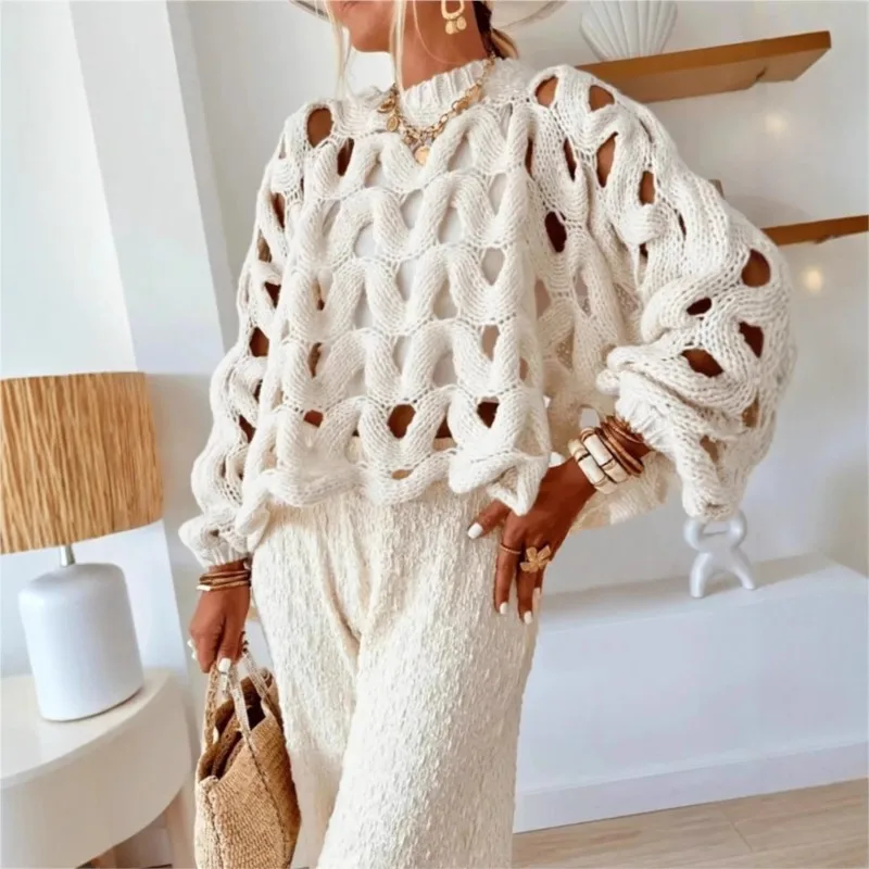 

2025 Women Casual Long Sleeve Pullover Winter Fashion Hollow Out Resort Blouses Autumn Elegant Crochet Solid Color Sweater Tops