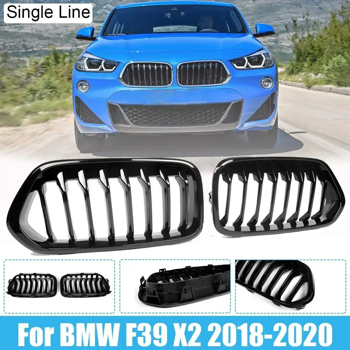 

1 Pair Black Front Bumper Kidney Single Line Grille For BMW F39 X2 M35i xDrive20d xDrive28i sDrive20i 2018 2019 2020 Gloss Black