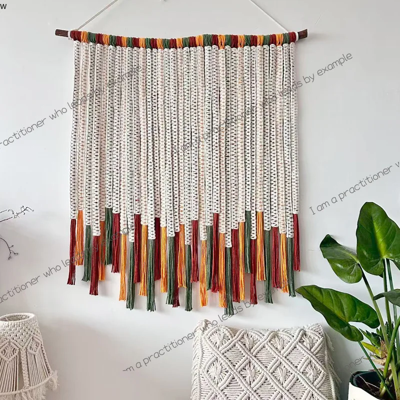 Nordic colorful tassel tapestry hand-woven with natural branches on the background wall decoration