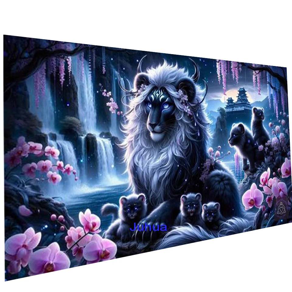 Amazing Vibrant Black Lion Mum And Cub Waterfall landscape flowers Diy 5D Diamond Painting Kit Fantasy Psychedelic Art Mosaic