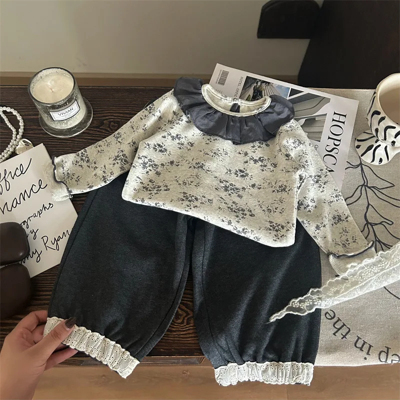 Spring Autumn Children Girls 2PCS Clothes Set Floral Ruffle Collar Cotton Tops Lace Casual Pants Suit Toddler Girls Outfits