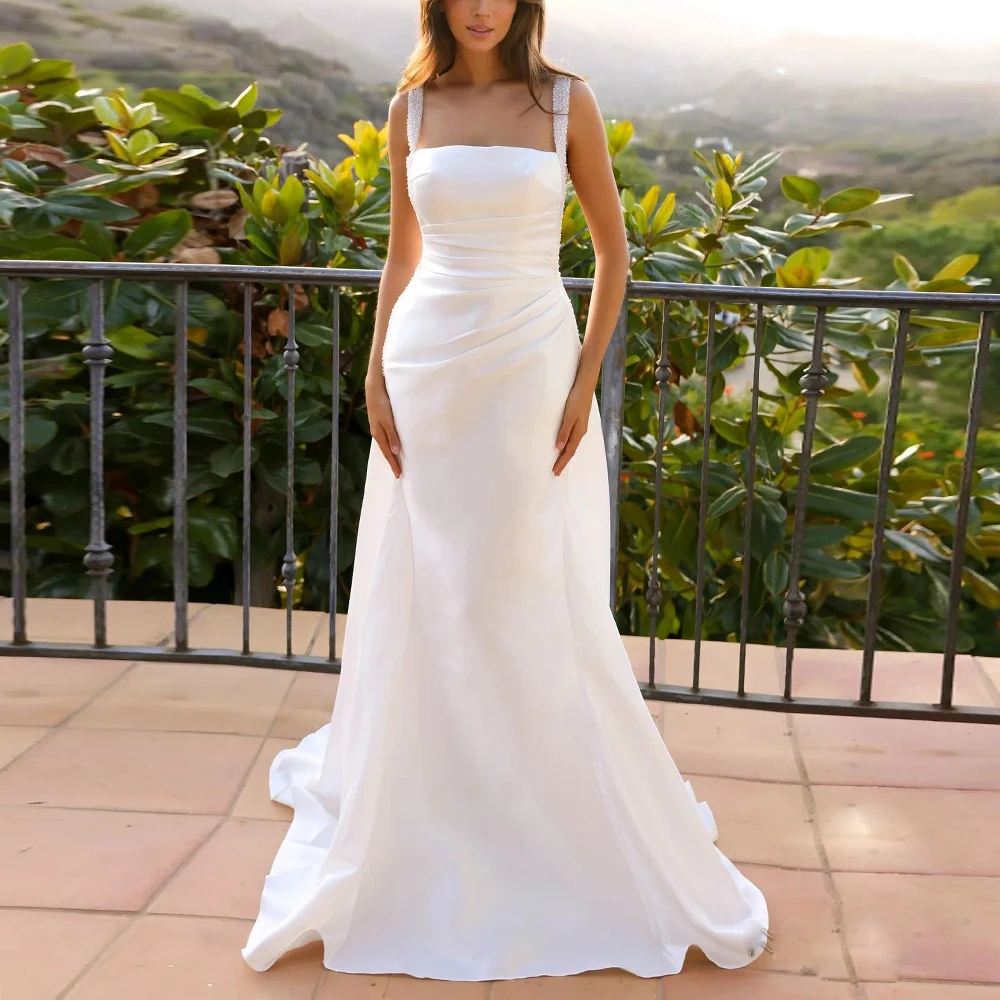 

Customized Vintage Wide Strap Wedding Dress Square Neck Mermaid Bridal Gown Beaded Satin Garden vestidos de novia