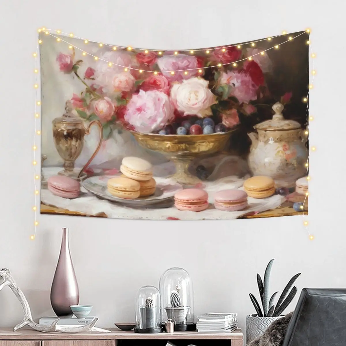 Coquette aesthetic vintage painting of a nature morte with macaroons Tapestry Room Aesthetic Decor Korean Room Decor Tapestry