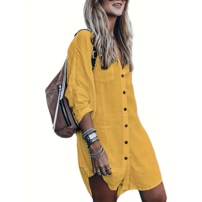 

Solid Color Buttons Front Blouse Dress，Holiday ClothesVCollar Long Sleeve Loose Beach Dress，Women's Clothing