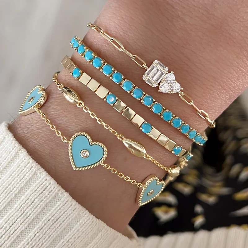 Blue Turquoises Stone Paved 3MM Tennis Chain Bracelet for Women Gold Color Fashion Stacking Thin Jewelry Wholesale