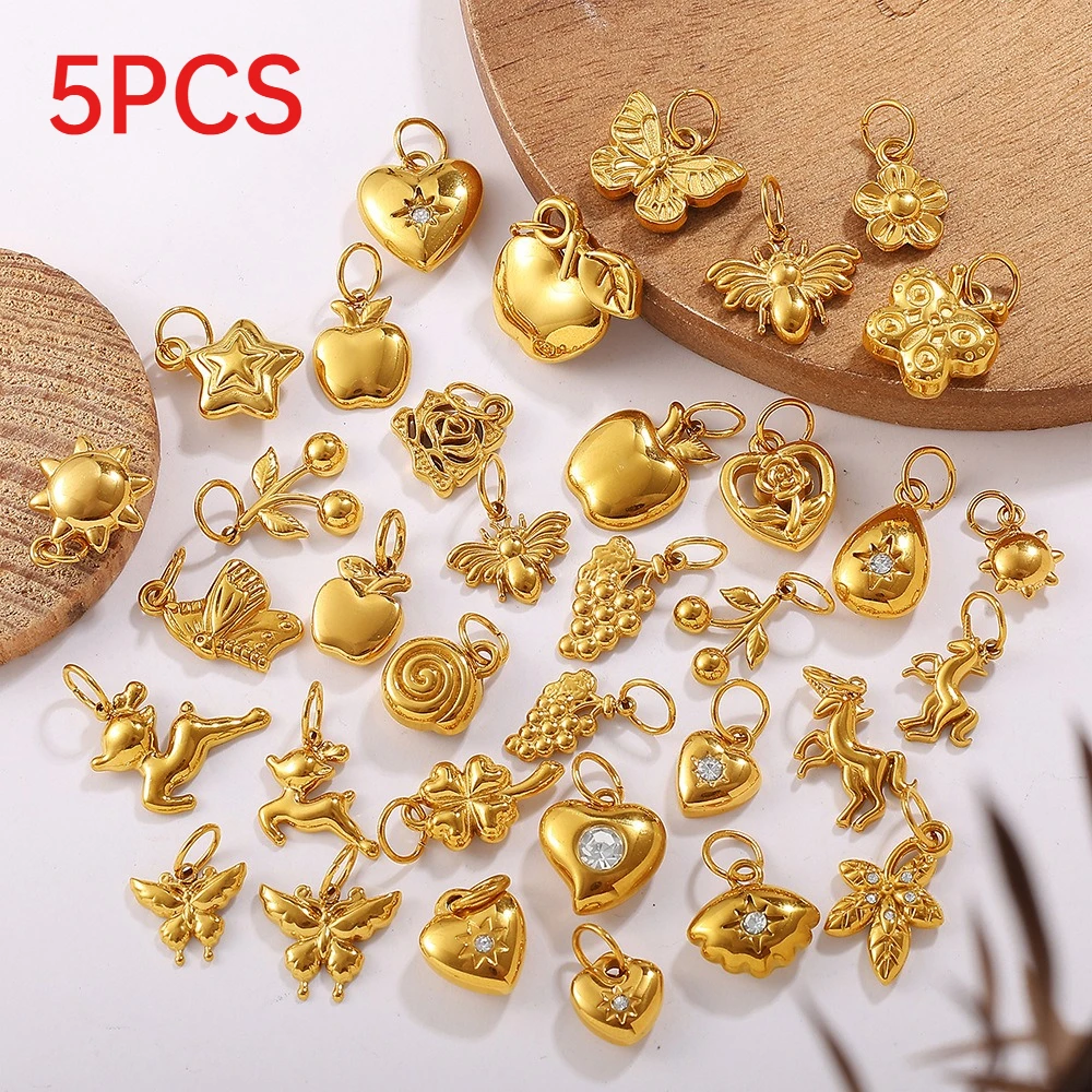 5Pcs Gold Plated Mini Butterfly Heart Charms Collection Tiny Stainless Steel Pendants DIY Necklace Making Accessories