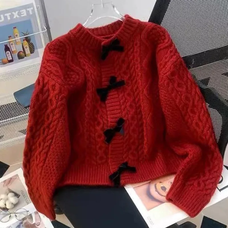 

Bowknot Detor Knitted Cardigan for Women Crew Neck Long Sleeve Sweater Woman Autumn Winter Soft Keep Warm Cardigan Female