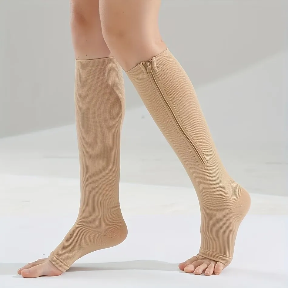 Skin Tone Zipper Compression Socks Open Toe Elastic Leg Support Anti Fatigue Swelling Stockings Flight Nurse Running Fitness Dai