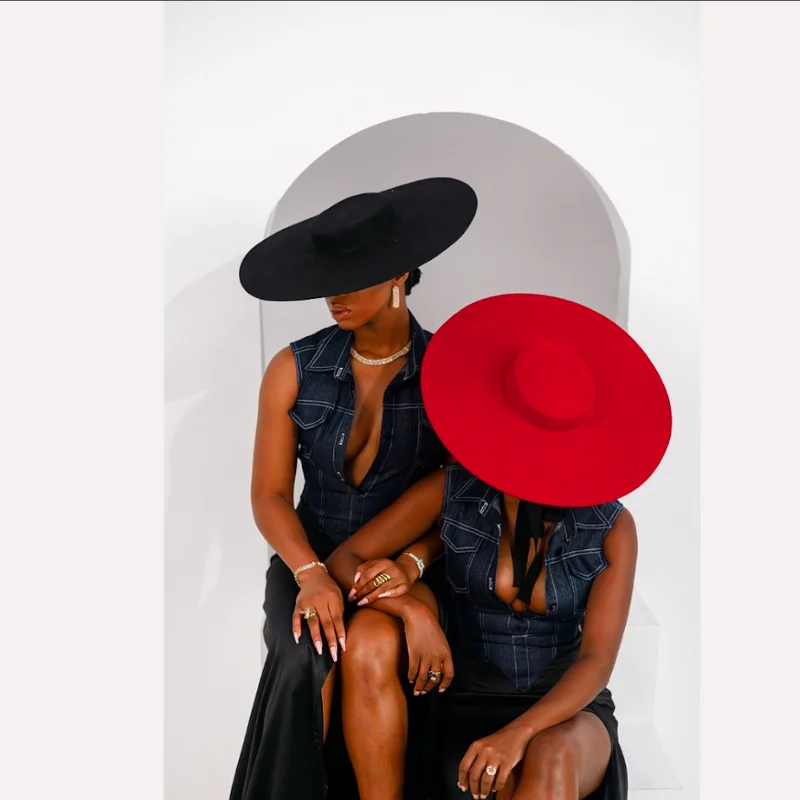 Red wheat wide brim wool flat top formal black ladies fedora stage performance felt hat winter bandage ladies fashion outdoor