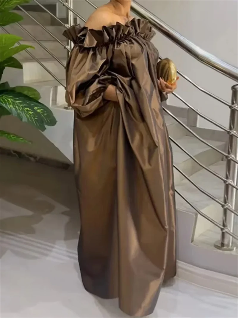 

Off Shoulder Puff Sleeve Loose Dress Women Solid Ruffle Maxi Dress 2025 Summer Fashion Casual Party Dresses