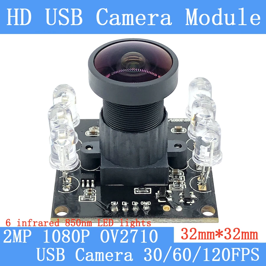 High Speed IR850nm LED 1920*1080P USB Camera Module 2MP CCTV Surveillance Wide-angle 30/60/120fps OV2710 for Android Linux UVC