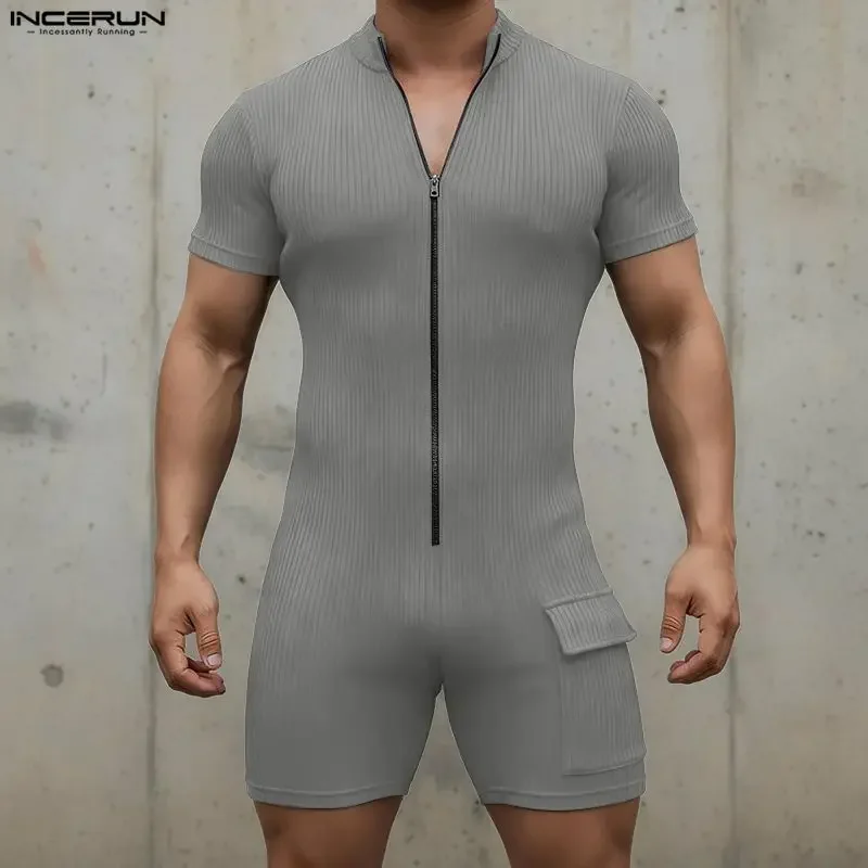 INCERUN Men Bodysuits Solid Color Short Sleeve Knitted Zipper Playsuits Male Rompers 2026 Summer Workout Casual Men Bodysuit