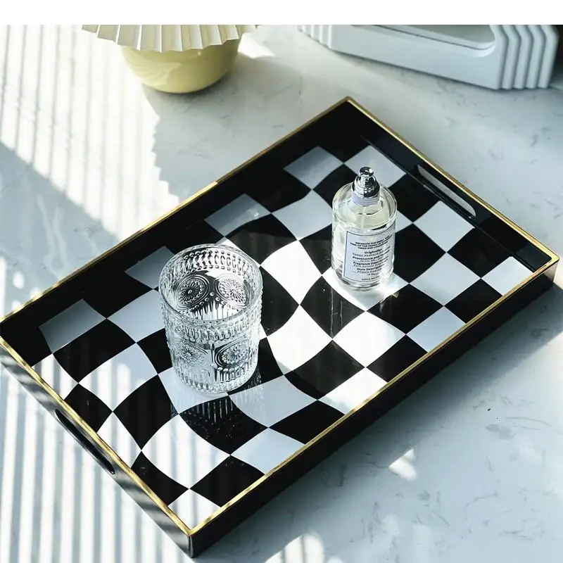 

Modern Plastic Square Tray Distortion Black and White Grid Fruit Tray Tea Set Storage Kitchen Supplies Simple Household Items