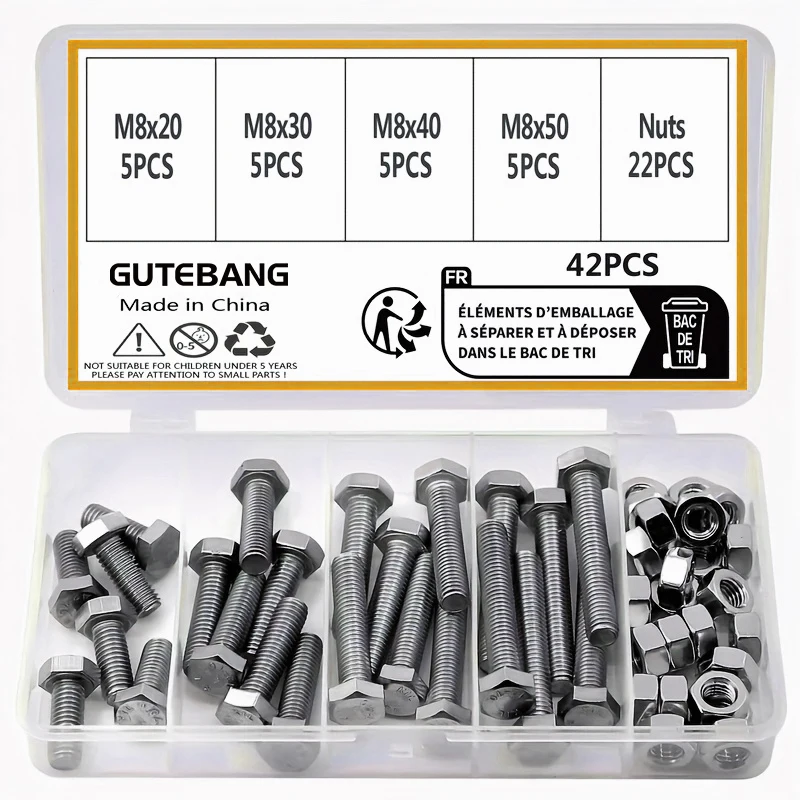 42-Piece Heavy-Duty M8 Hex Bolt and Nut Set, Four Sizes: M8x20/30/40/50