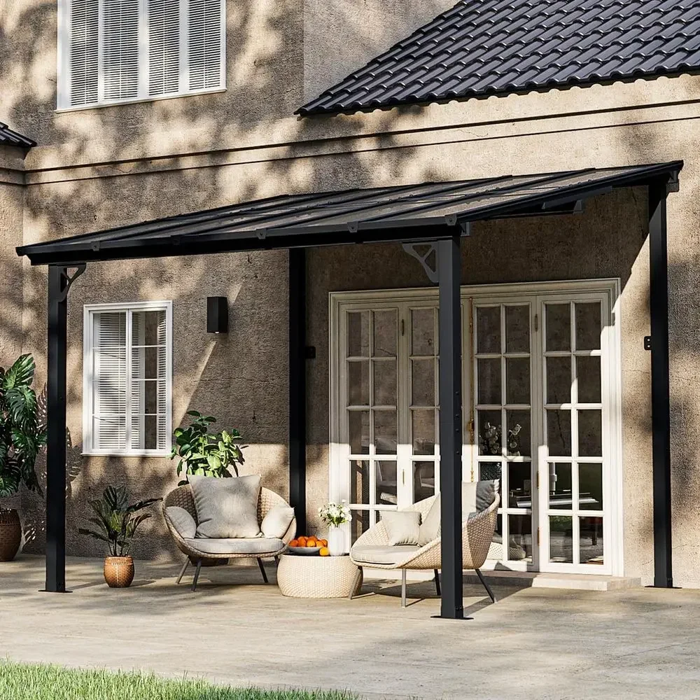 10' x 8' Outdoor Living Space: Sloped Roof Gazebo Pergola, Heavy-Duty Wall Awnings, Deck & Patio Enhancements