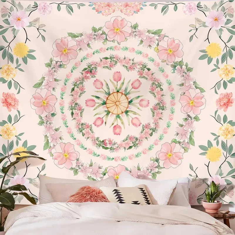 VIKAMA Boho Floral Tapestry, Pink Pastel Watercolor Flower Wall Art Cloth for Bedroom, Living Room, Dorm & Aesthetic Room Decor
