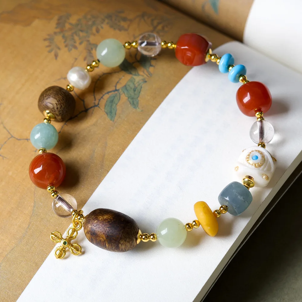 Yellow Agarwood RootTassel withDevil'sTearsWhiteCrystal Amber and Pearl Multi-Treasure Bracelet Antique Wooden Treasure Bracelet