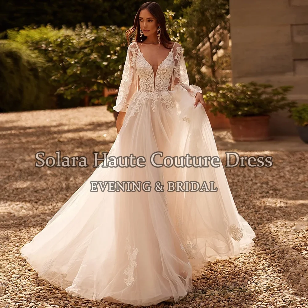 Boho Chic Wedding Dresses Bohemian robe de mariée Deep V Neck Lace Long Sleeves Tulle Bridal Gown Backless Customized