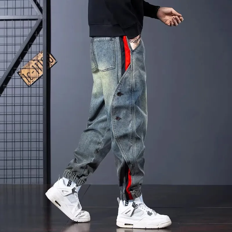 

Мужские джинсы в уличном стиле, ретро, синие, стрейч, свободного кроя, с вставками, джоггеры, брюки Bggay, Y2K, хип-хоп, джинсовые карго-брюки