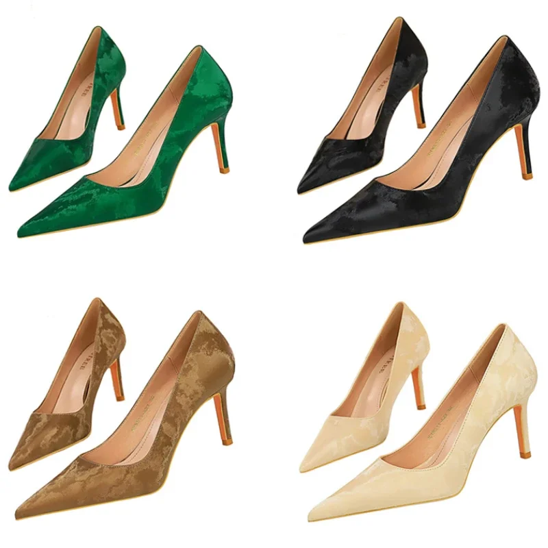 Women Fetish 7.5cm High Heels Vintage Aesthetic Pumps Lady Daily Designer Middle Low Heels Green Light Brown Elegant Party Shoes