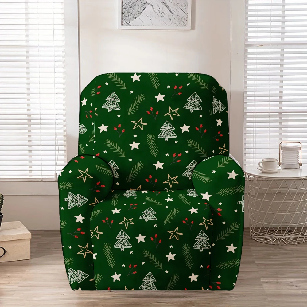 Dark Green Line Art Christmas Tree Star Pine Twig Red Berry Print Stretch Recliner Chair Coverfor Xmas Holiday Home Decor