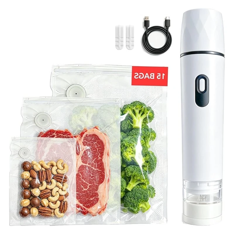 B01C-Handheld Vacuum Sealer For Food- Rechargeable, Portable Machine Includes 15 Reusable Bags