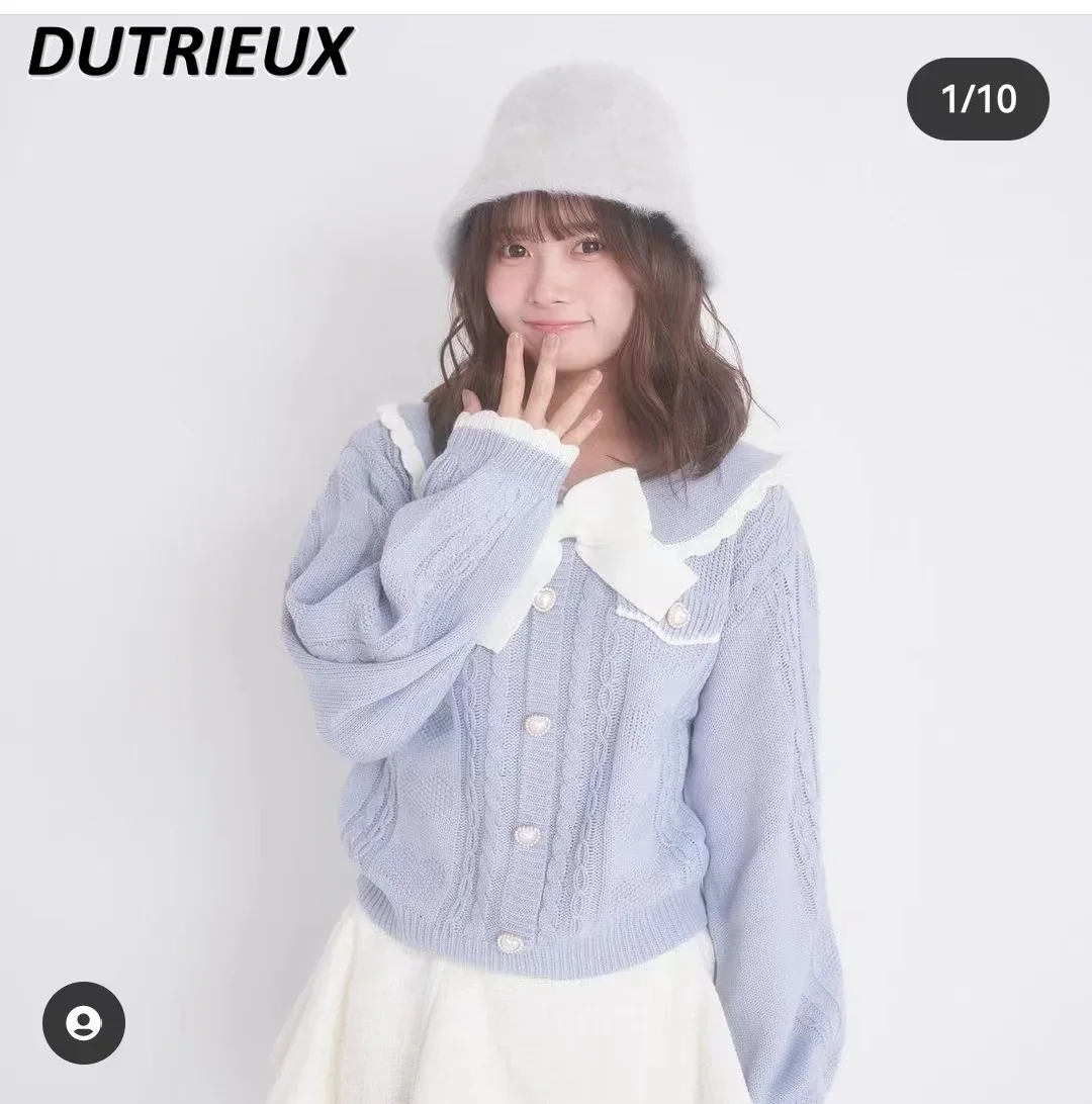 

Knitting Shirt Bowknot Knitted Sweater Spring Autumn Women's Cardigan Coat Japanese Style Sweet Cute Sweaters Top for Ladies