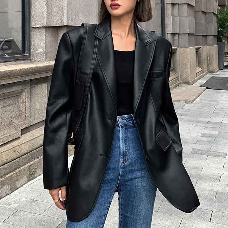 Retro Loose Coffee PU Leather Jacket Women's Autumn New High Quality Casual Suit Top Cityscape Style Long Sleeve High Streetwear