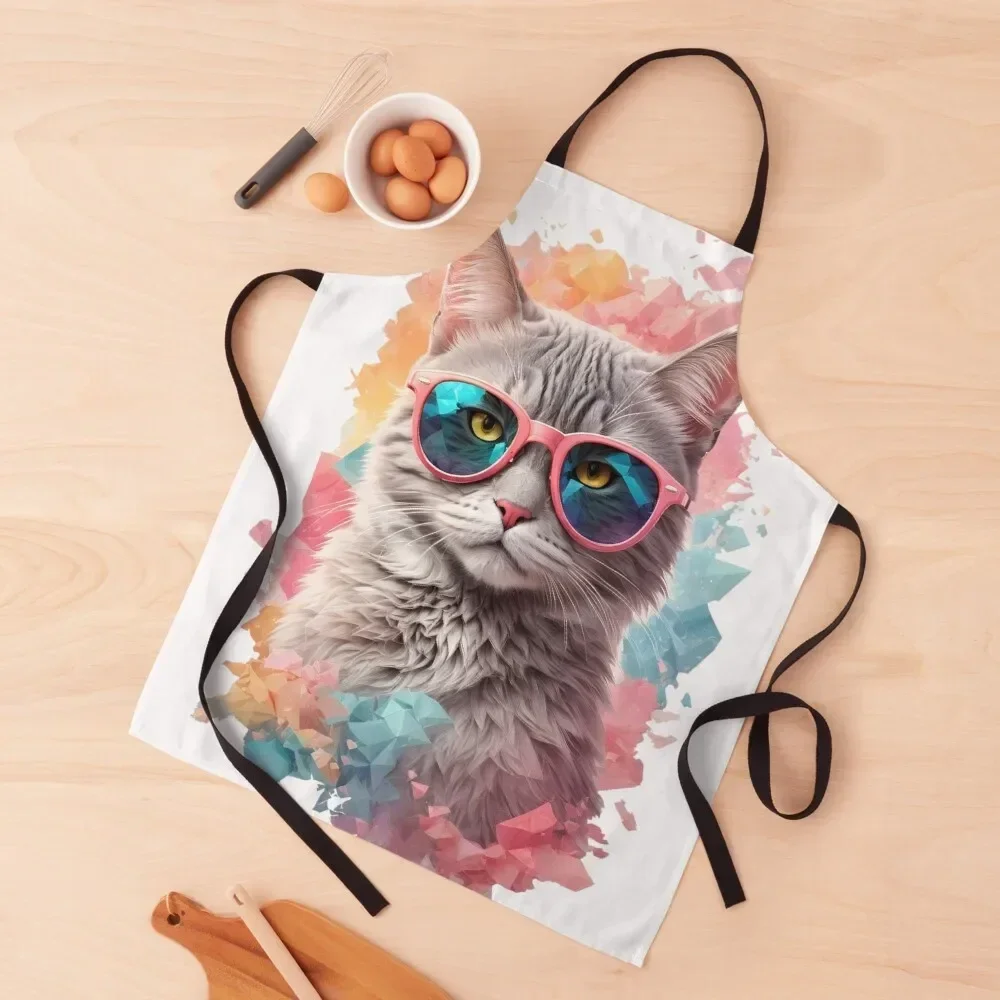 Colorful cat with sunglasses Colorful cat Apron barber men painters Apron