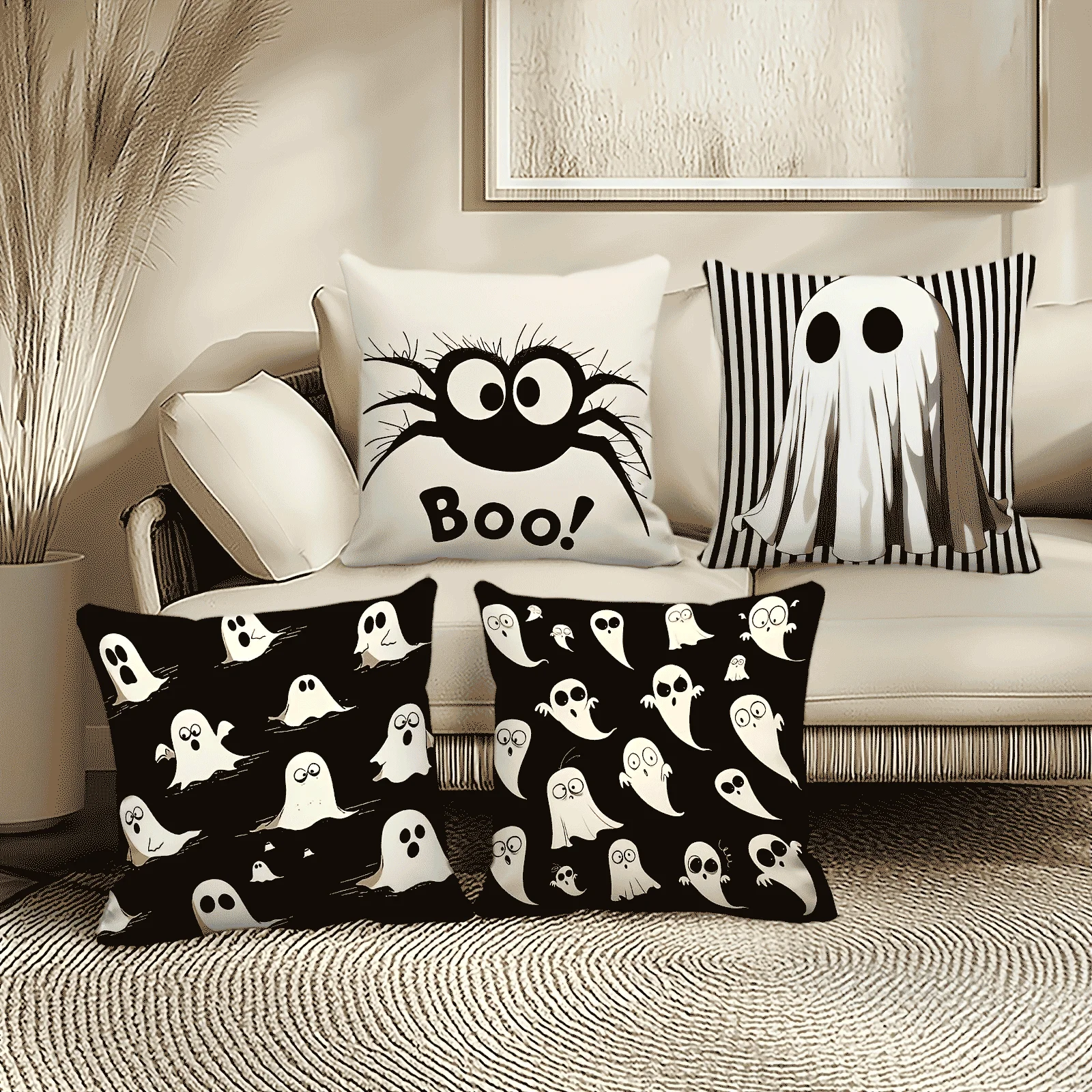 4-Piece Halloween Spooky Pillow Cover Set – Double-Sided Print Cushion Covers Featuring Ghost and Cute Spider 