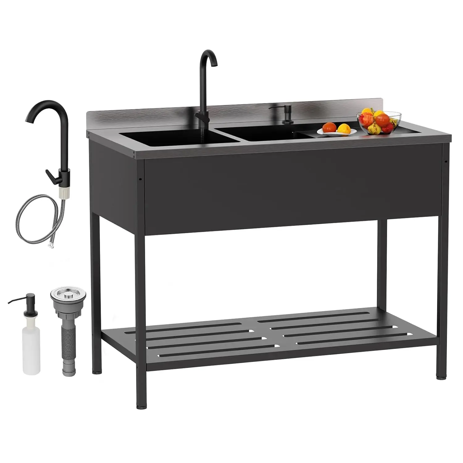 

Черная электролитически-покрытая двойная мойка из нержавеющей стали, 24"Г x 47.5"Ш x 38.9"В, сверхпрочная отдельностоящая рабочая мойка, на заказ