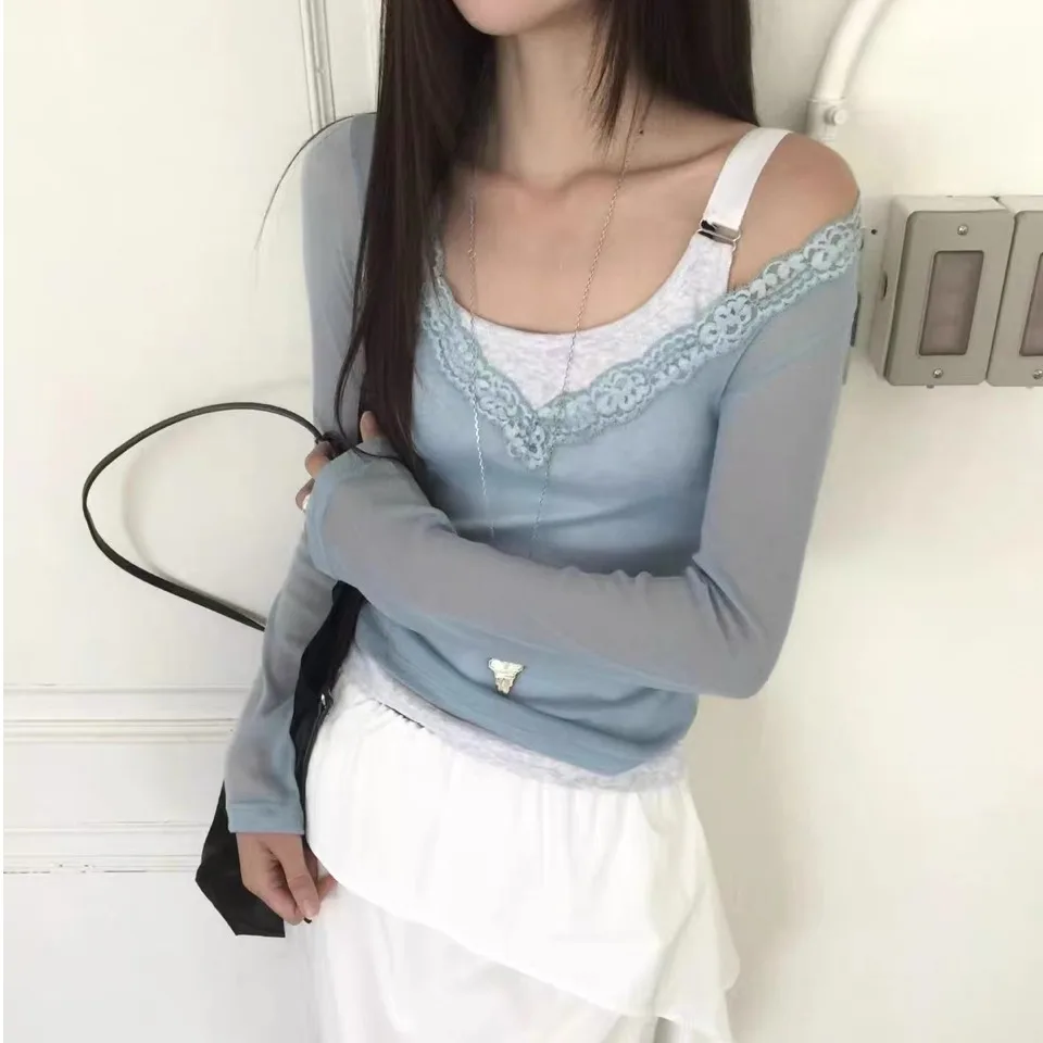 Sweet Lace Shoulder Bared Long Sleeve T Shirt Women's Slim Fit Thin Top Daily Style Waist Shaping Casual Wear for Autumn