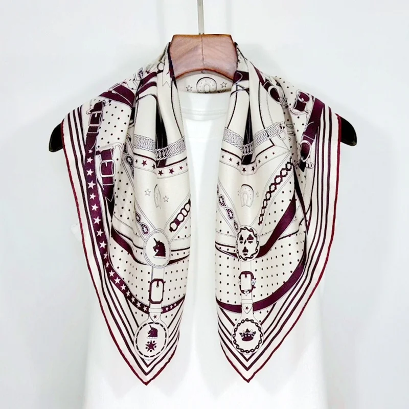 両面シルクスカーフ-マルベリーシルクツイルプリントスクエアスカーフ-幾何学模様-オールシーズン万能ラップ-中国の手工芸品